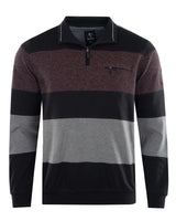 Schwarz und grau gestreiftes Poloshirt mit halbem Reißverschluss.