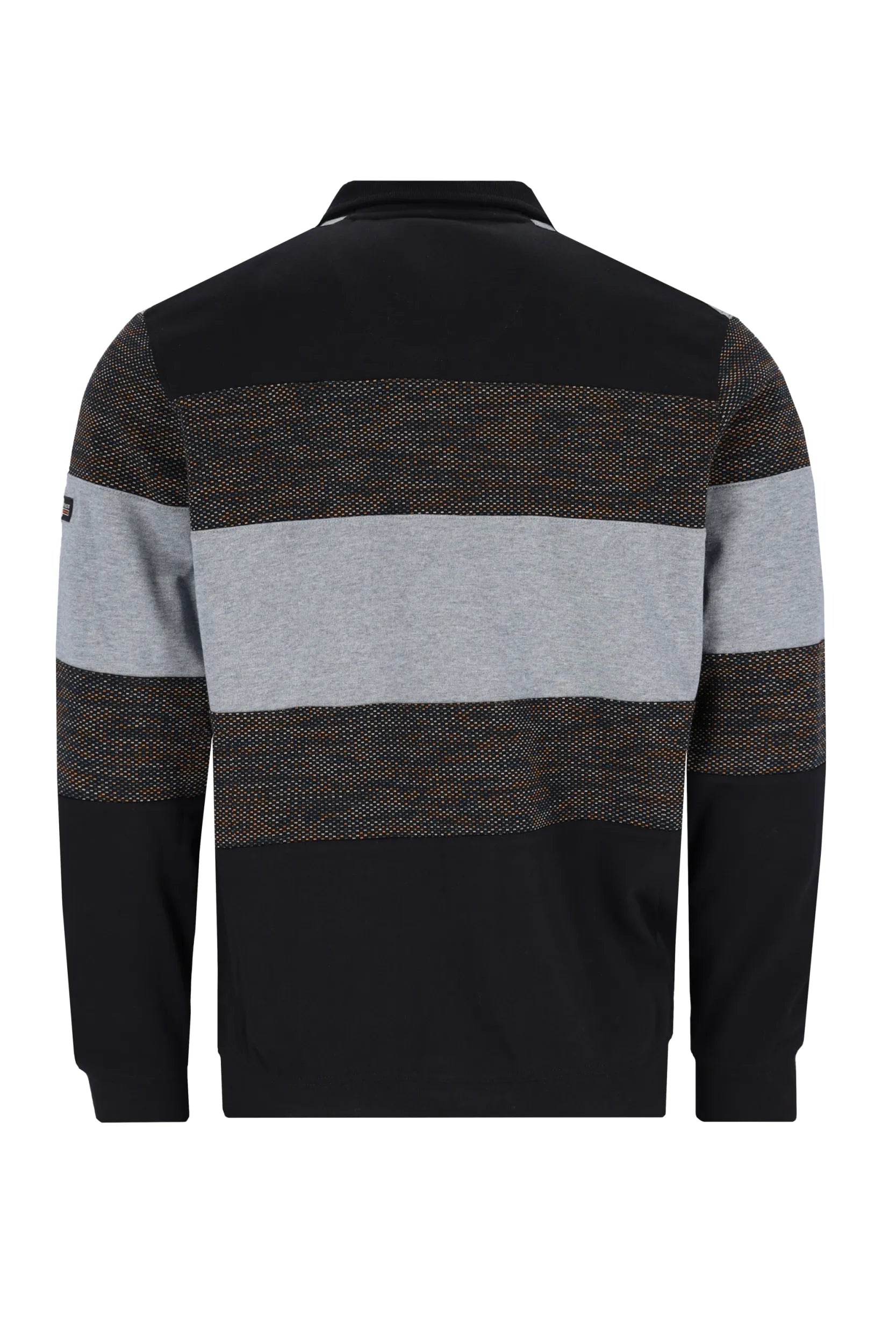 Schwarz und grau gestreiftes Poloshirt mit strukturiertem Strickmuster.