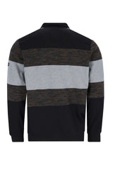 Schwarz und grau gestreiftes Poloshirt mit strukturiertem Strickmuster.
