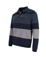 Marineblau und grau gestreifter Pullover mit strukturiertem Muster auf der Brust.