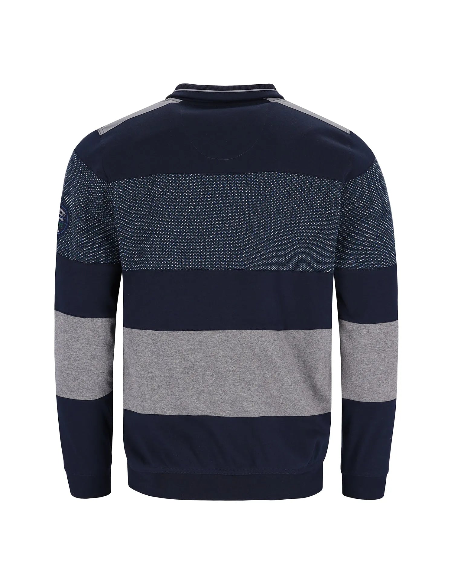 Marineblau und grau gestreifter Pullover mit strukturiertem Strickmuster.