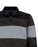 Anthrazit und grau gestreifter Pullover mit schwarzem Kragen und Manschetten aus weicher Baumwollmischung.