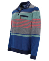 Mehrfarbig gestreiftes Poloshirt mit marineblauen Akzenten und einem kleinen Logo auf der Brust.