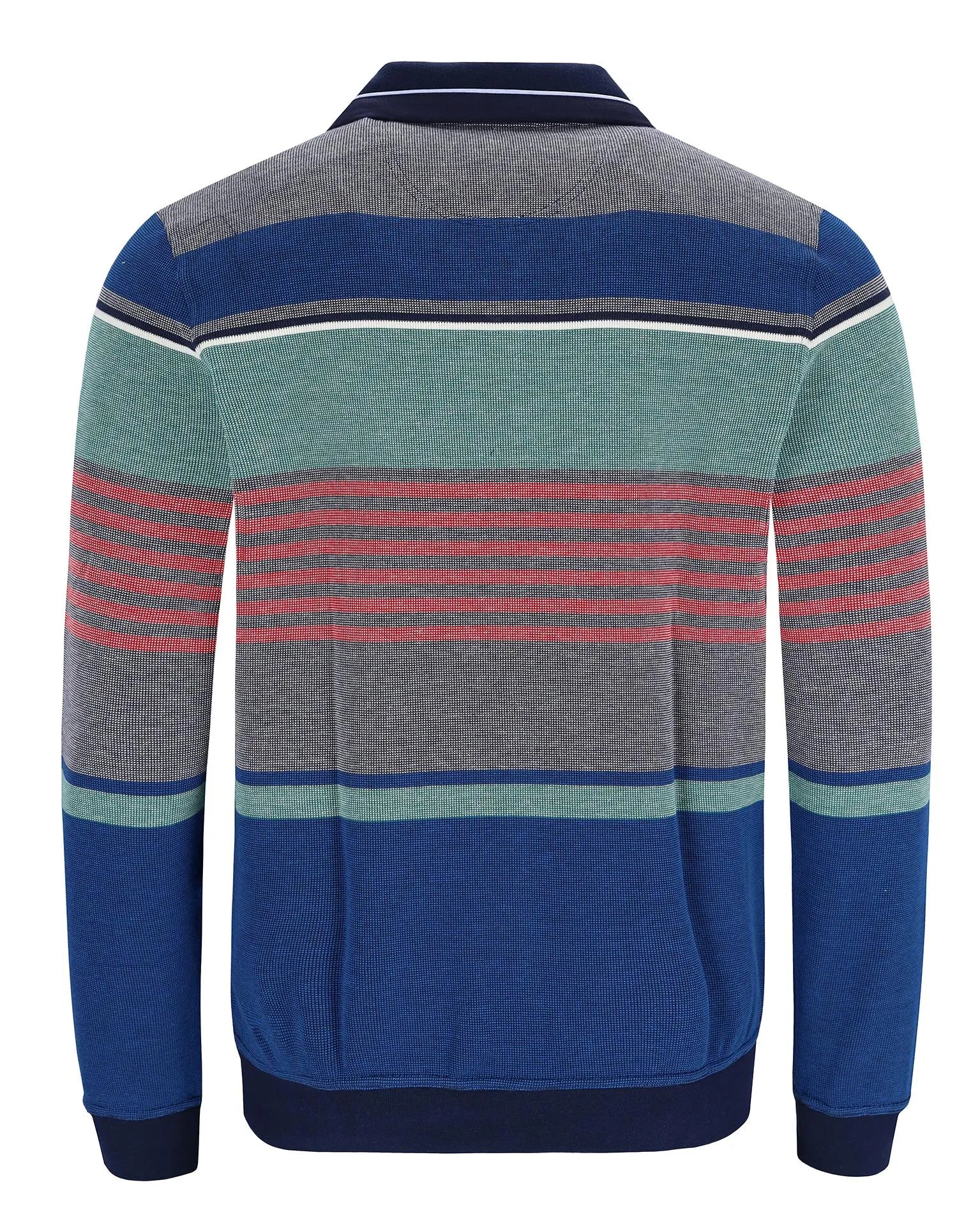 Mehrfarbig gestreifter Pullover mit strukturiertem Muster und gerippten Bündchen, Kragen und Saum.