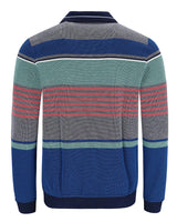 Mehrfarbig gestreifter Pullover mit strukturiertem Muster und gerippten Bündchen, Kragen und Saum.