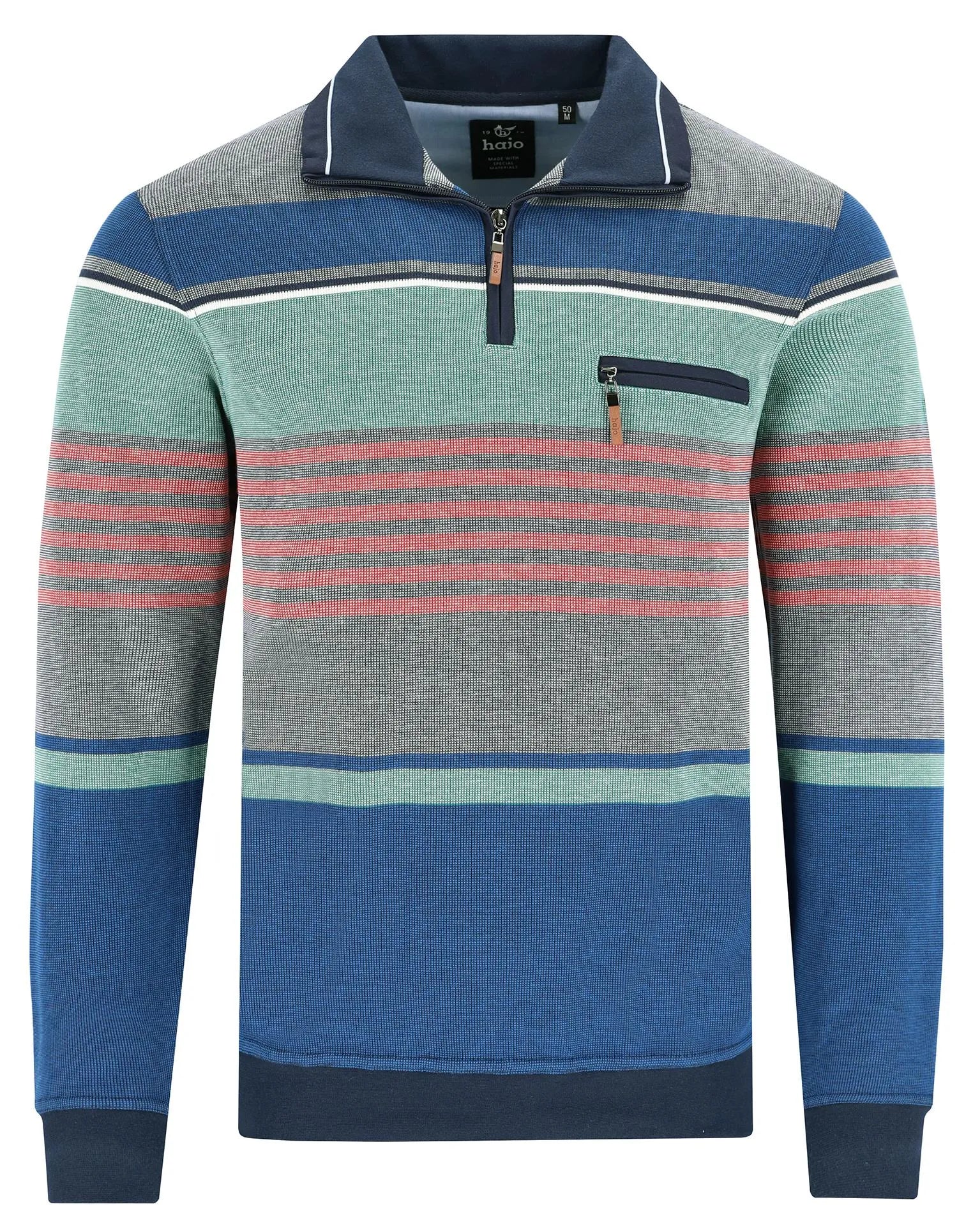 Blau-grün gestreiftes Poloshirt mit marineblauem Kragen und Manschetten, halber Reißverschluss.