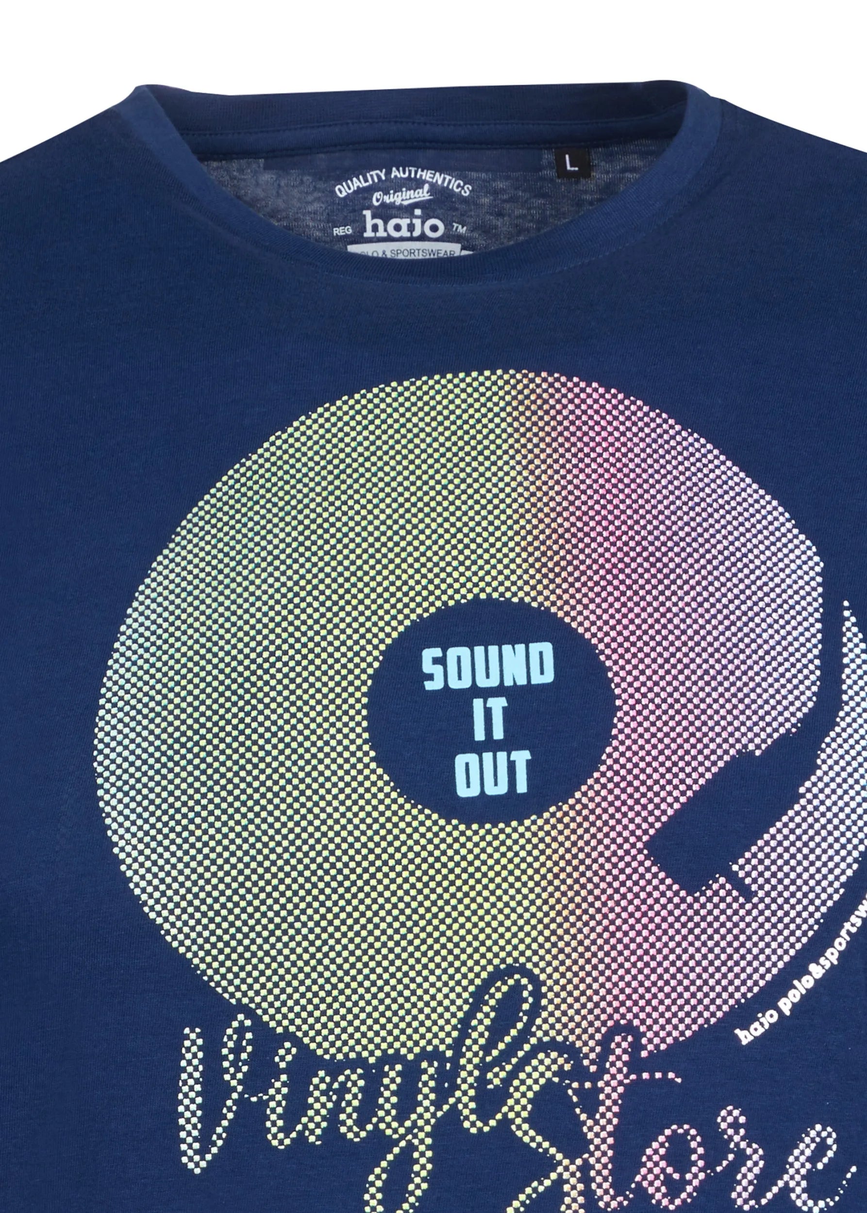 Marineblaues T-Shirt mit Schallplattenmotiv und weißem Text ’sound it out’.