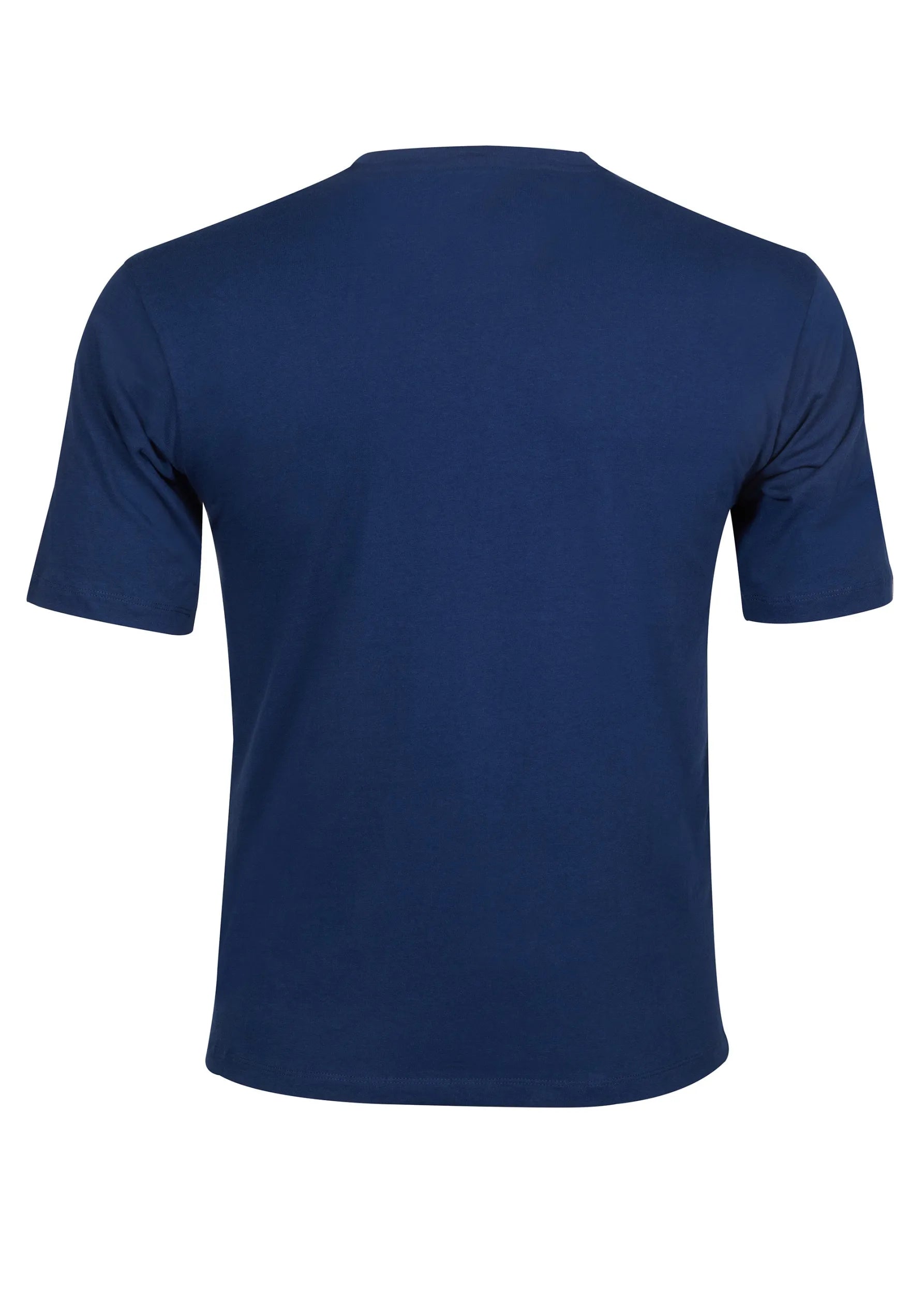 Marineblaues T-Shirt mit Rundhalsausschnitt, kurzen Ärmeln und lockerer Passform.
