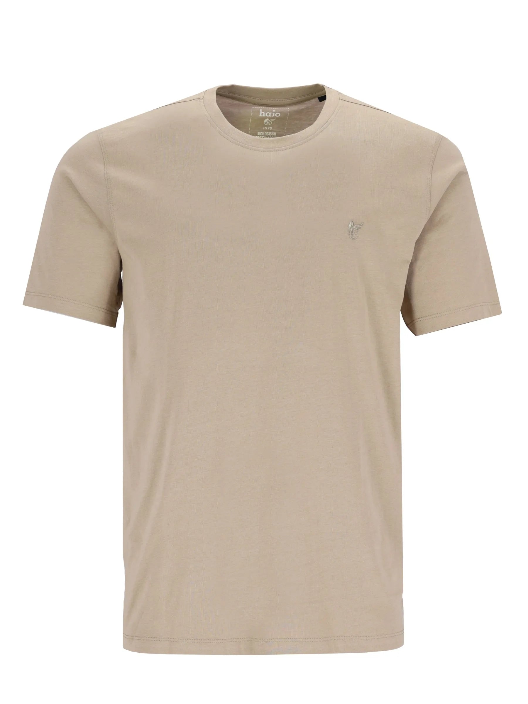Beige t-shirt mit rundhals und kurzen ärmeln mit dezentem besticktem logo auf der linken brust