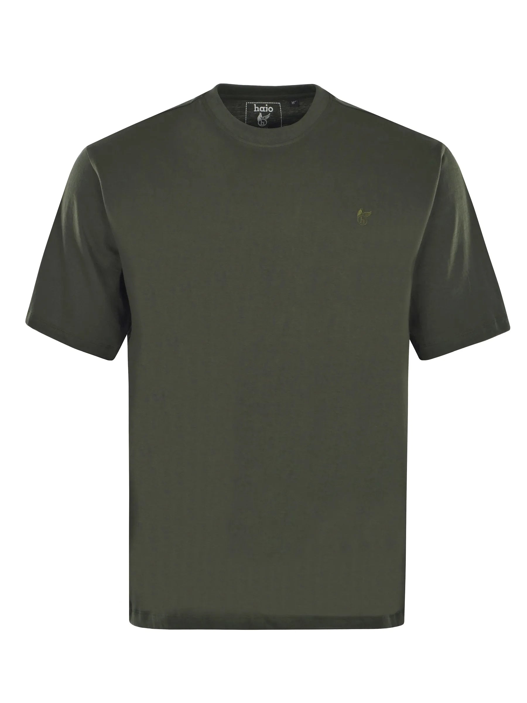 Olivegrünes kurzärmeliges t-shirt mit rundhals und dezentem sticklogo auf der linken brust