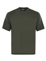 Olivegrünes kurzärmeliges t-shirt mit rundhals und dezentem sticklogo auf der linken brust