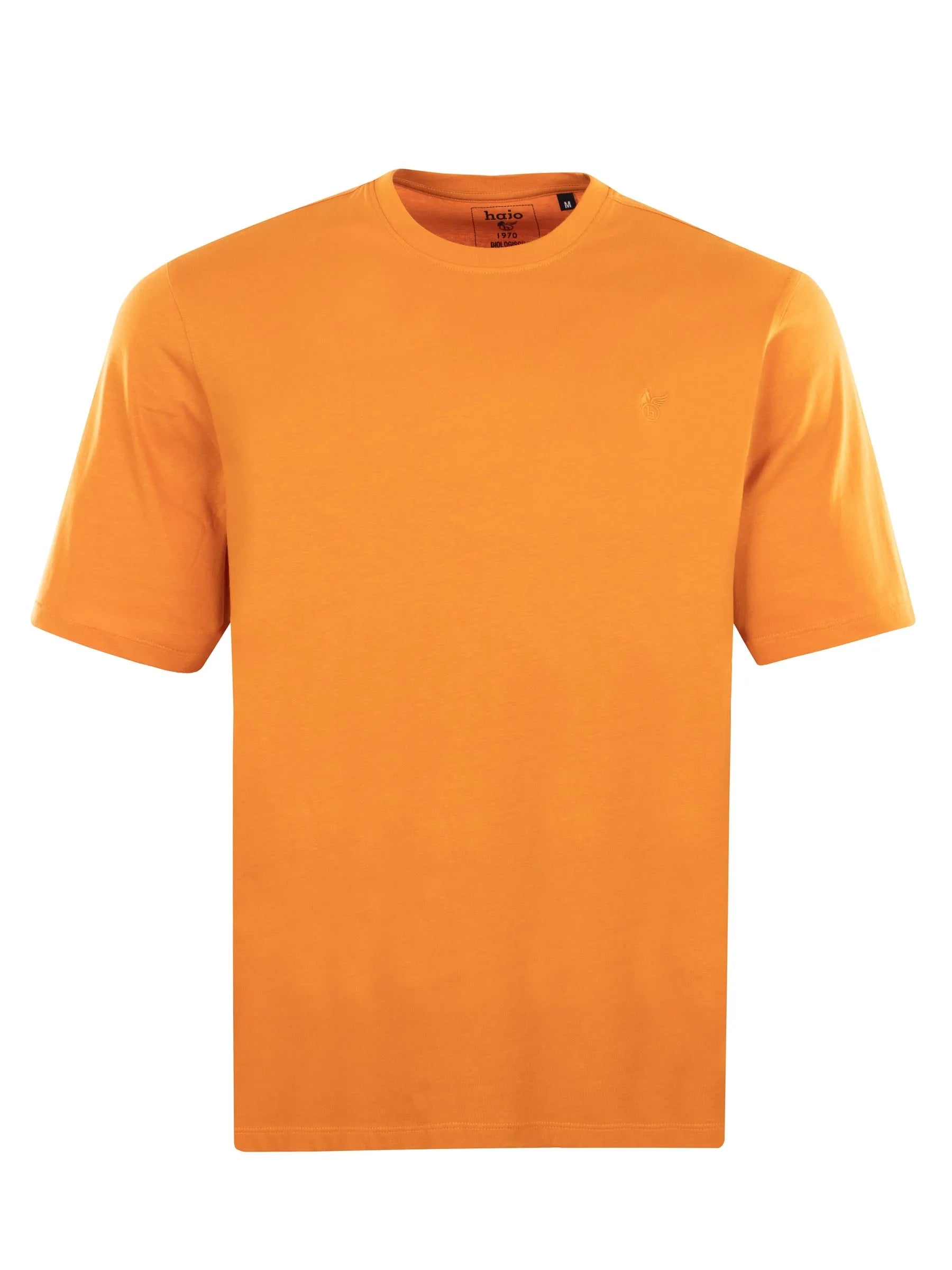 T-shirt mit rundhals in leuchtendem orange mit kurzem ärmel und dezentem logo-stick auf der linken brust
