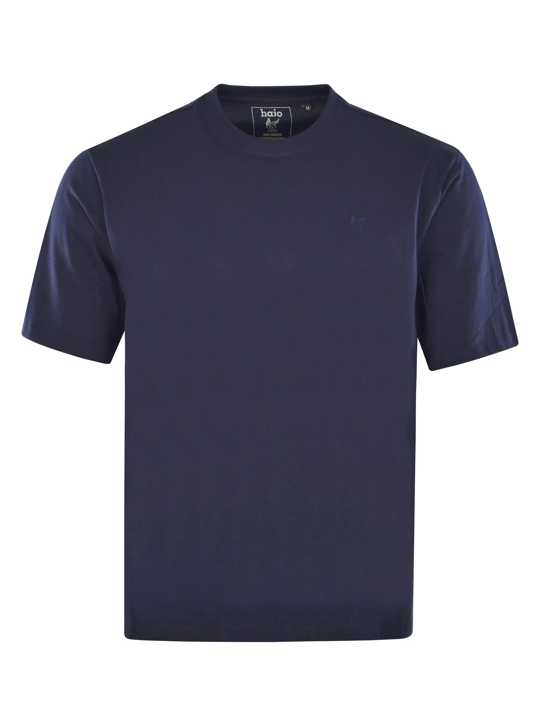 Navyblaues rundhals kurzarm t-shirt mit dezentem logo-stick auf der linken brust und markenetikett am kragen