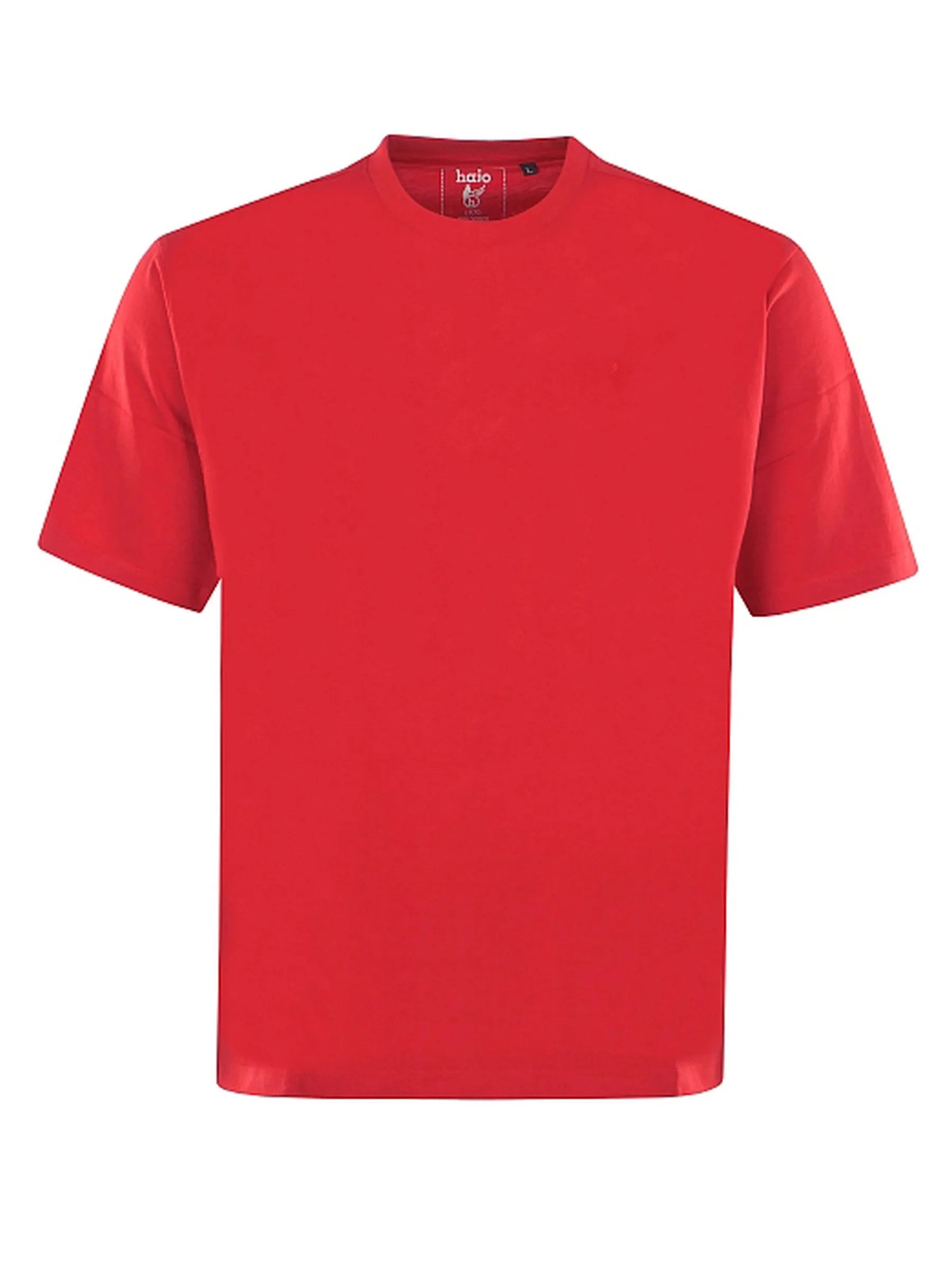 Rote kurzärmlige t-shirt mit rundhalsausschnitt und schlichtem design mit halo markenlabel am kragen