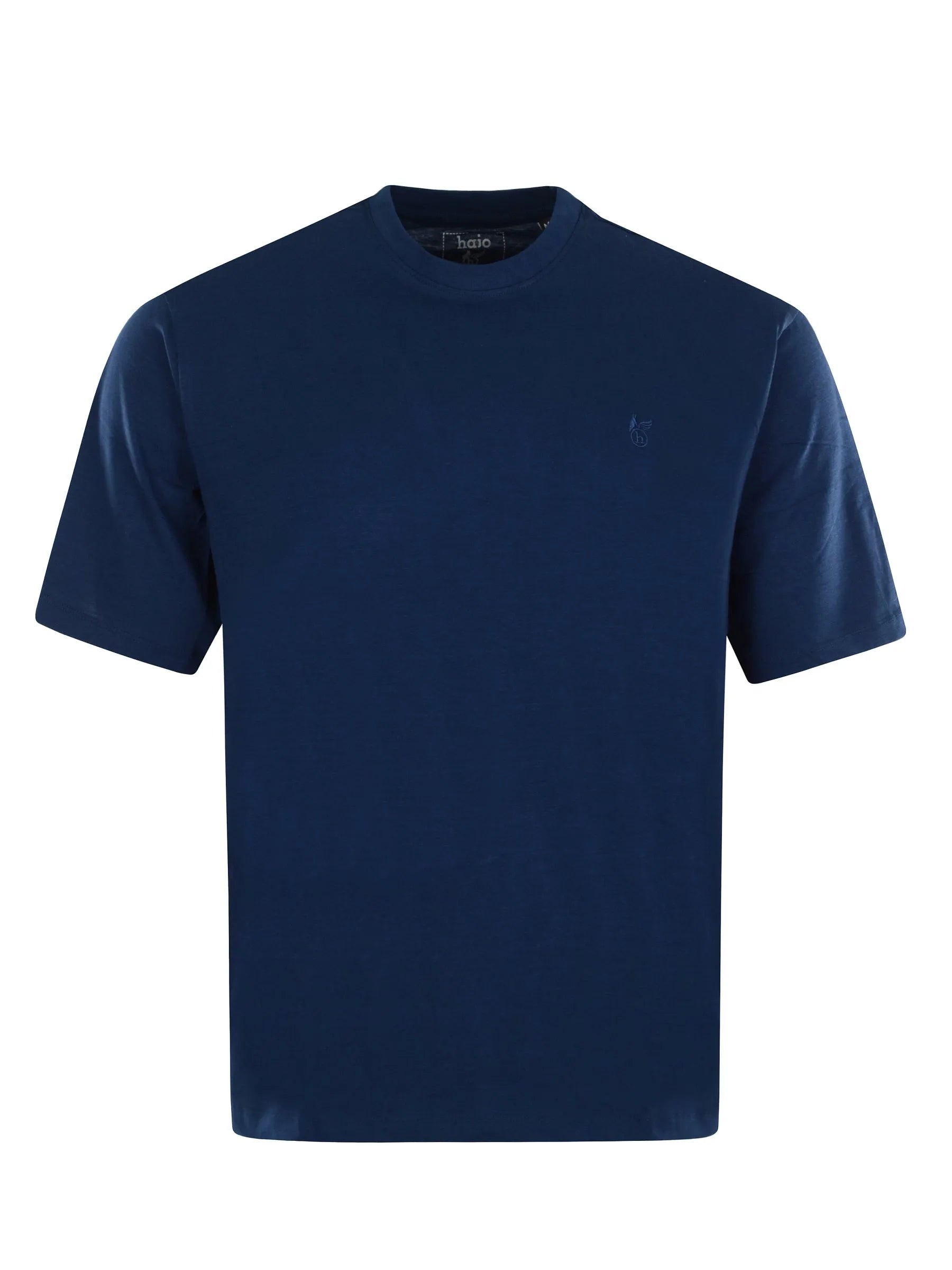 Navyblaue kurzärmlige t-shirt mit rundhals und dezentem Sticklogo auf der linken brust