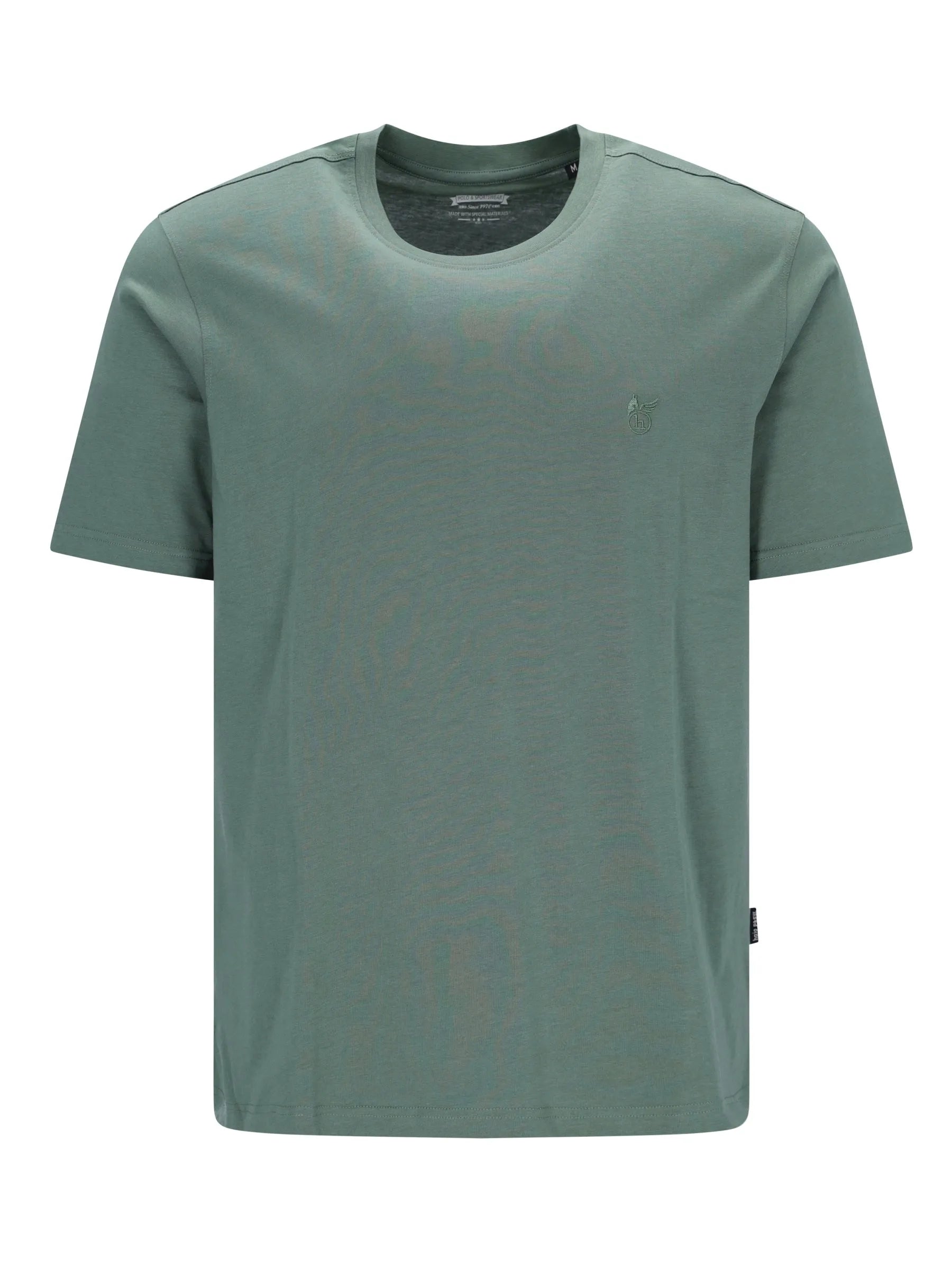 Minimalistisches olivgrünes t-shirt mit rundhals und dezentem sticklogo auf der linken brustseite