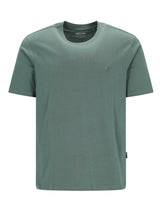 Minimalistisches olivgrünes t-shirt mit rundhals und dezentem sticklogo auf der linken brustseite