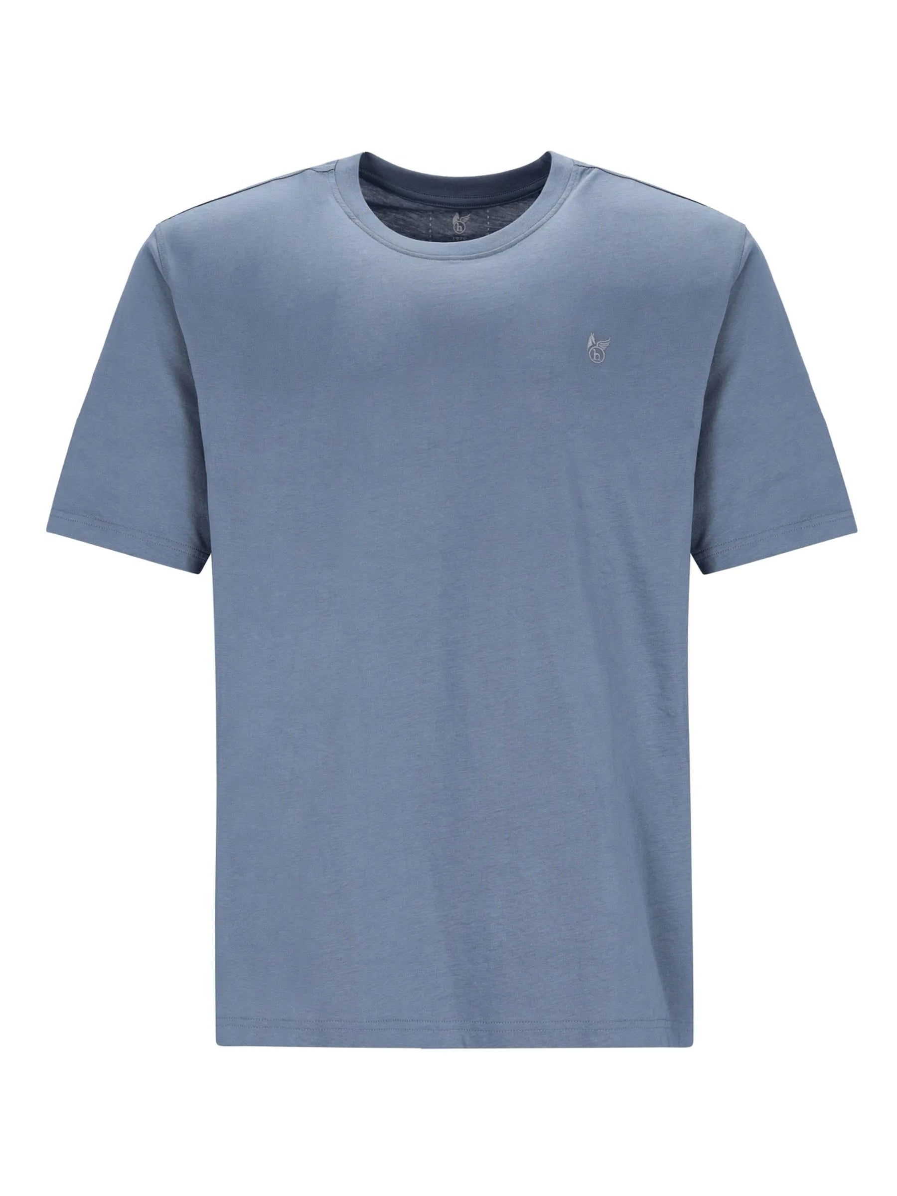 T-shirt mit rundhals aus weicher blauer baumwolle mit dezentem, besticktem logo auf der linken brust