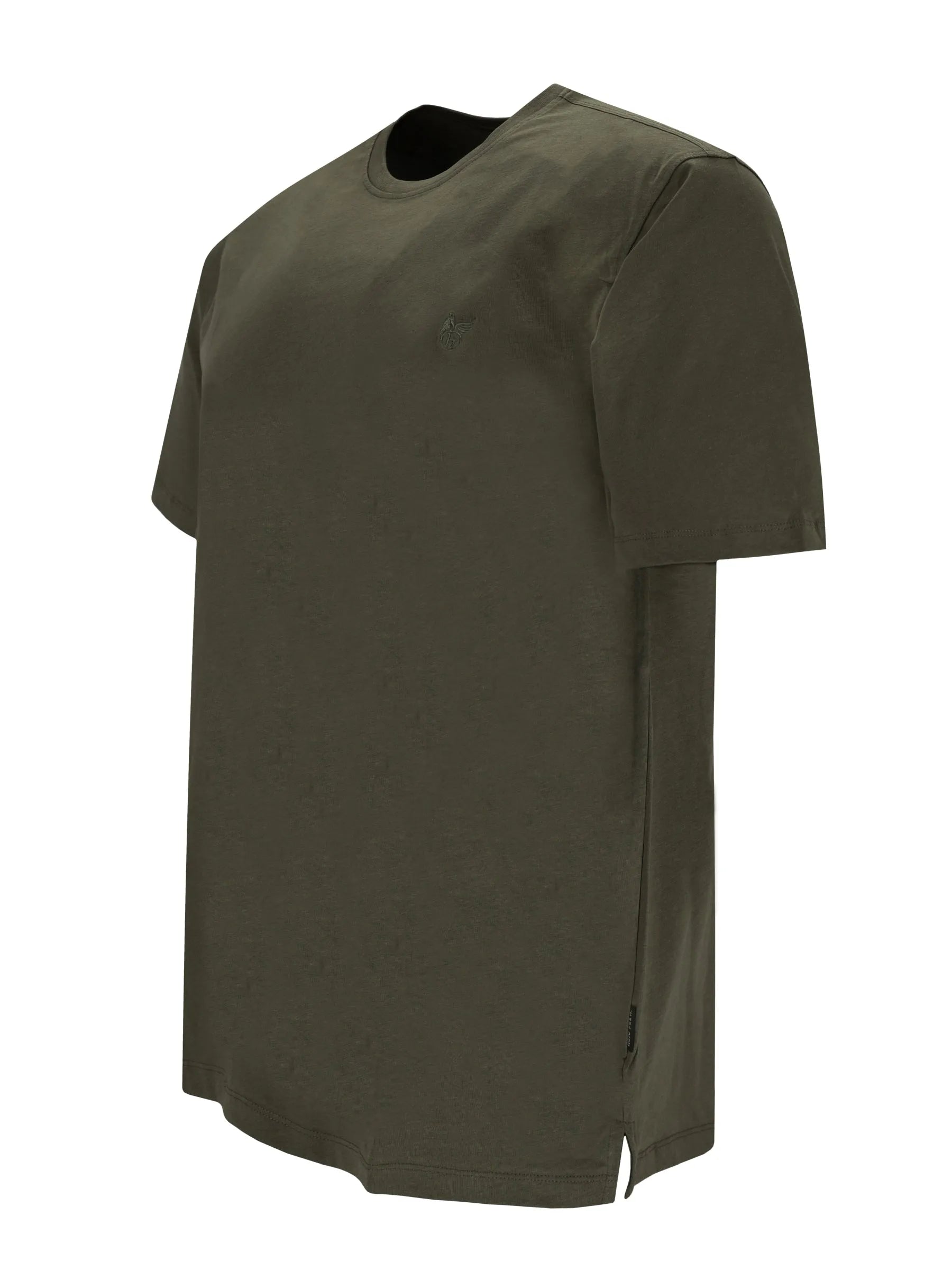 Olivegrünes kurzärmeliges t-shirt mit rundhals, dezenter logo auf der brust und seitlichem schlitz am saum