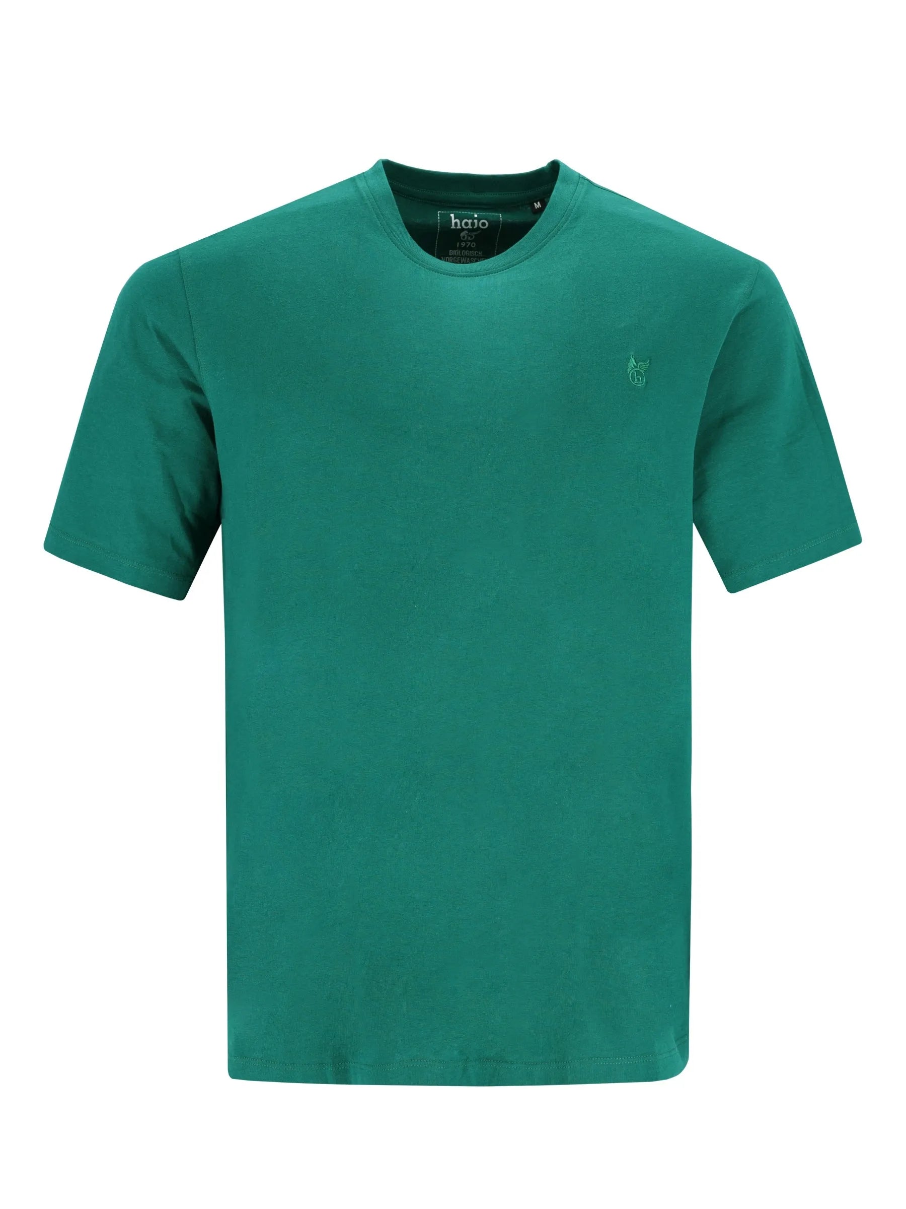 Teal farbiges t-shirt mit rundhals, kurzärmeln und dezentem sticklogo auf der linken brust