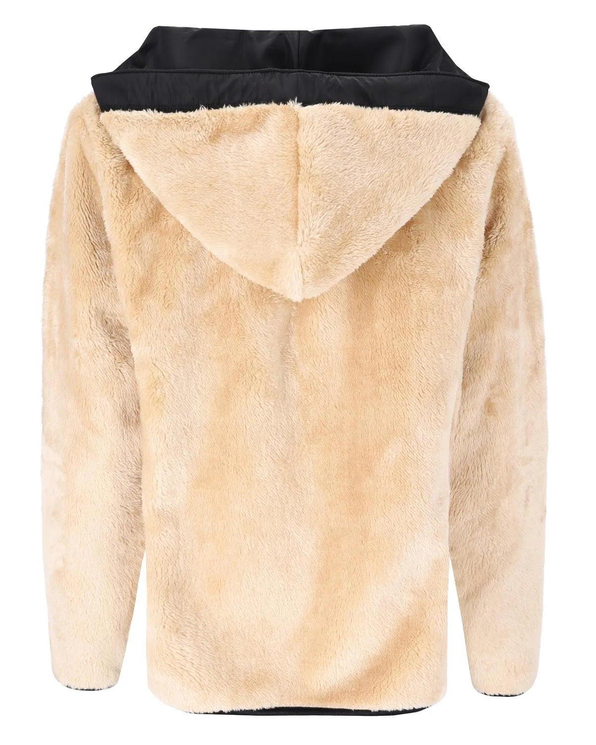 Beigefarbene, flauschige Kapuzenjacke mit schwarzem Saum und Kordelzugverschluss.