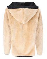 Beigefarbene, flauschige Kapuzenjacke mit schwarzem Saum und Kordelzugverschluss.