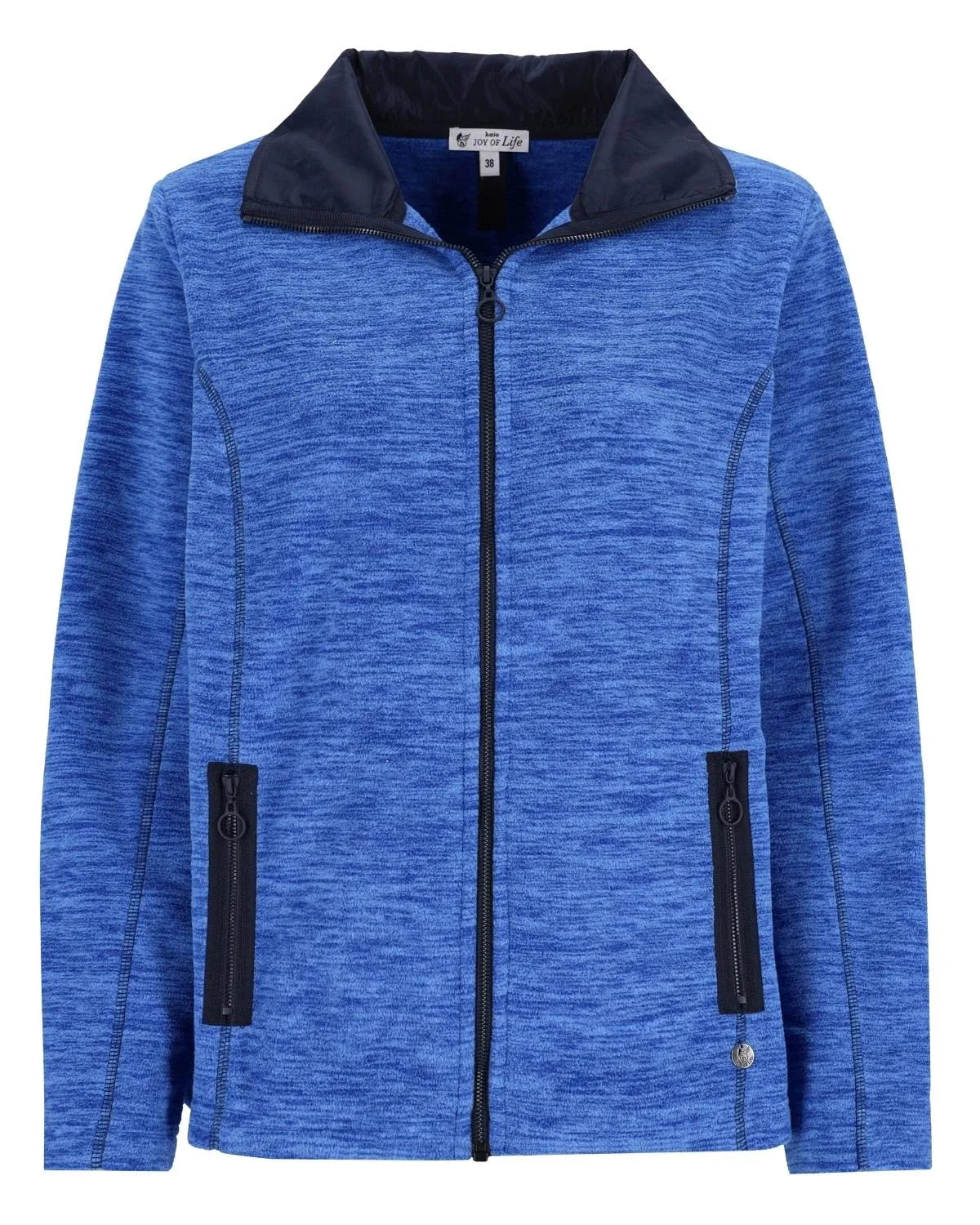 Blaue und schwarze strukturierte Jacke mit Reißverschlussdetails.