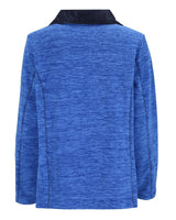Königsblaue strukturierte Jacke mit schwarzem Kragen und Reißverschlussdetails.