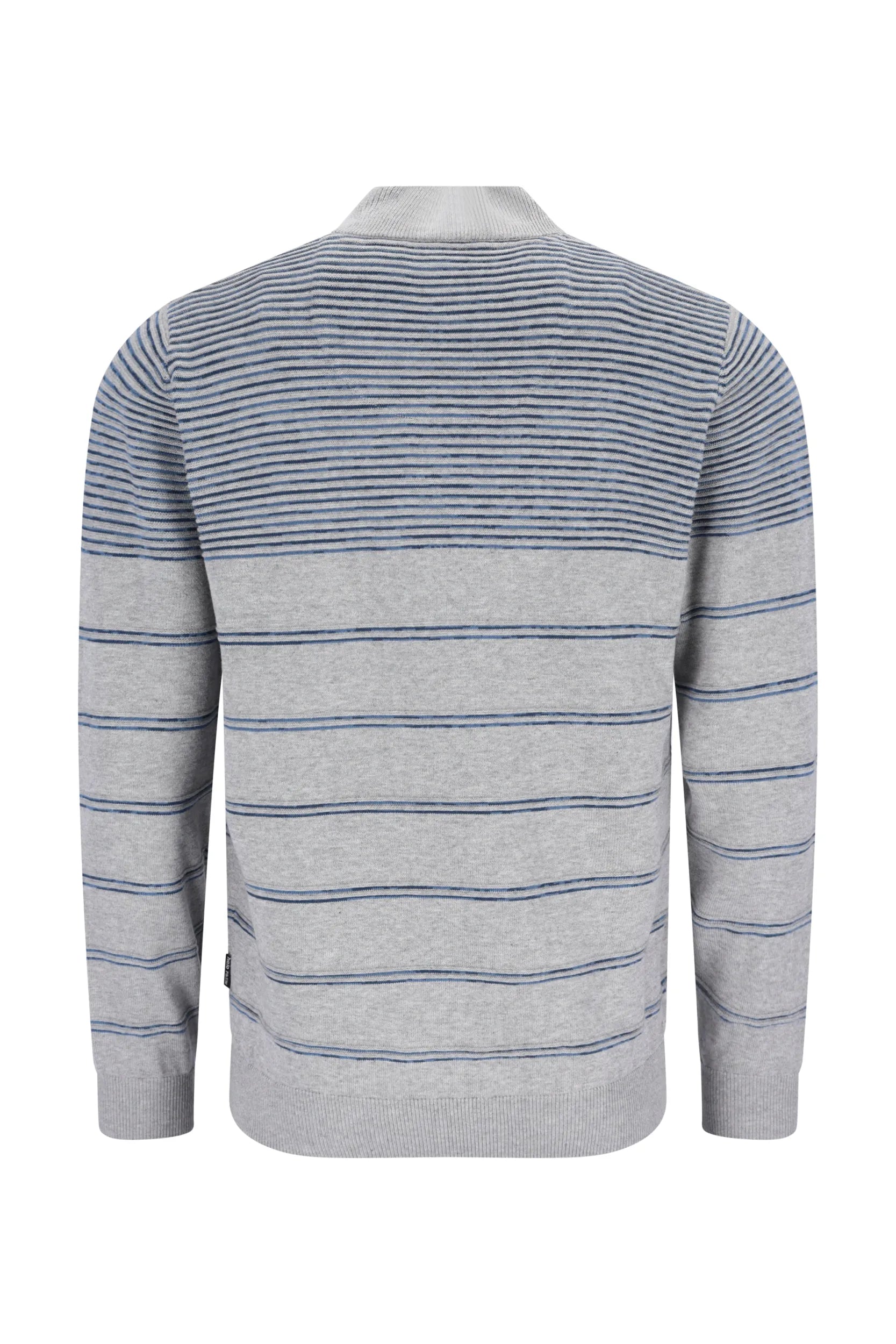 Hellgrau und blau gestreifter Pullover mit strukturiertem Strickmuster.