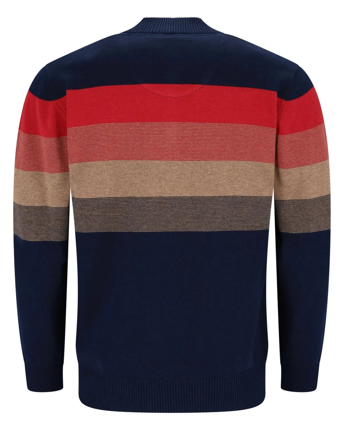 Marineblauer Pullover mit roten und beigen Streifen, aus Baumwolle.