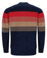 Marineblauer Pullover mit roten und beigen Streifen, aus Baumwolle.