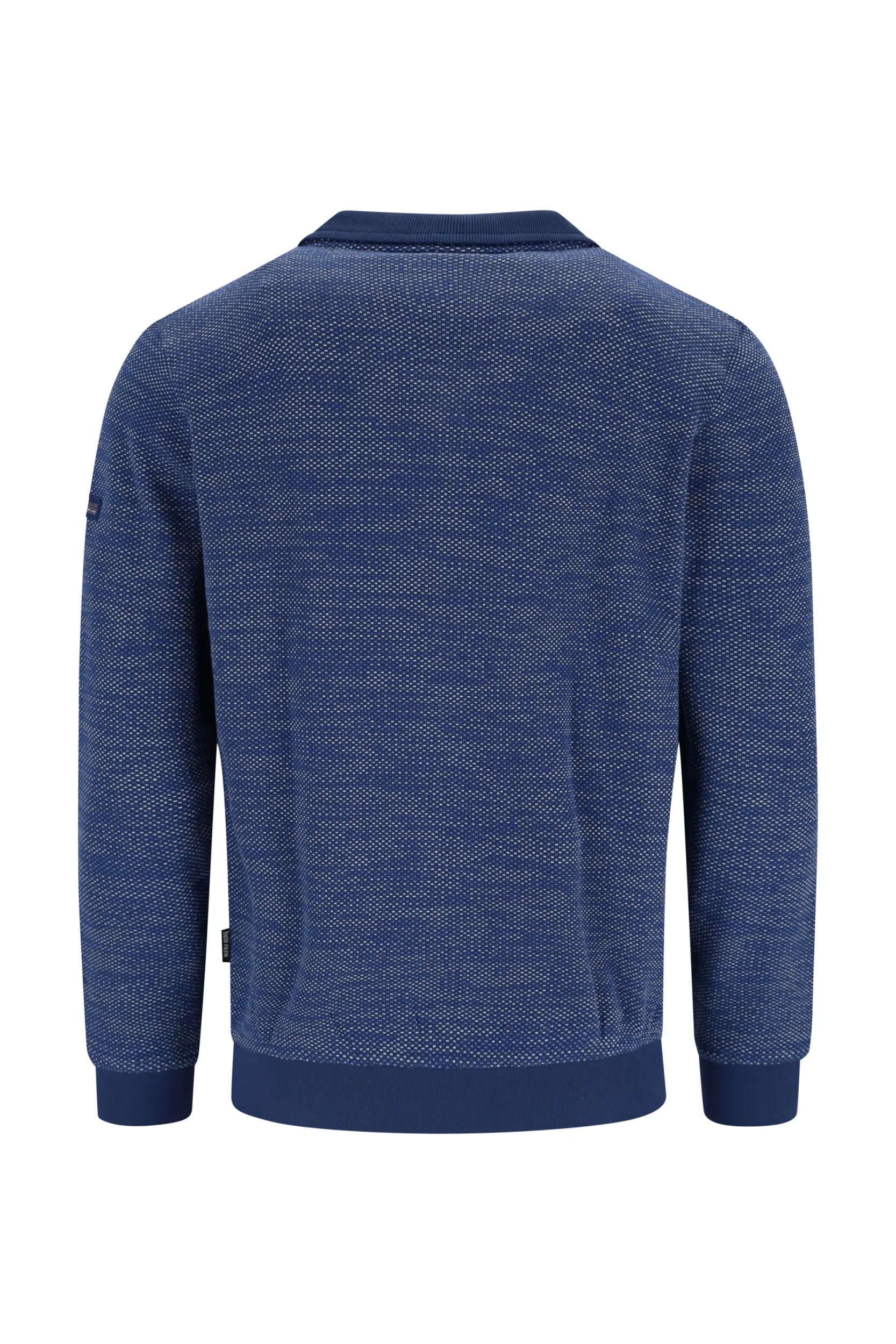 Marineblauer strukturierter Pullover mit gerippten Bündchen und Saum, wahrscheinlich aus Baumwolle oder einem ähnlichen weichen Material.