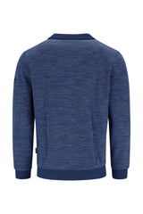 Marineblauer strukturierter Pullover mit gerippten Bündchen und Saum, wahrscheinlich aus Baumwolle oder einem ähnlichen weichen Material.