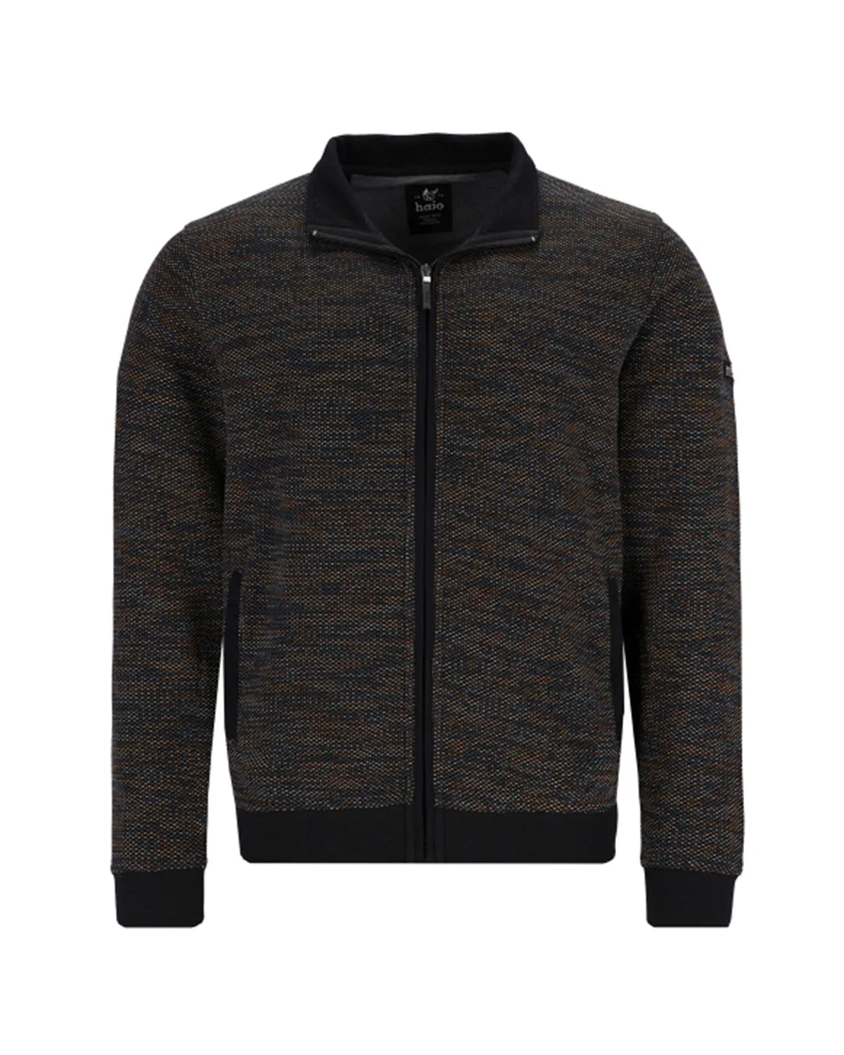 Schwarze strukturierte Bomberjacke mit Reißverschluss und Kontrastkragen, beliebtes Modell der Marke jack & jones.
