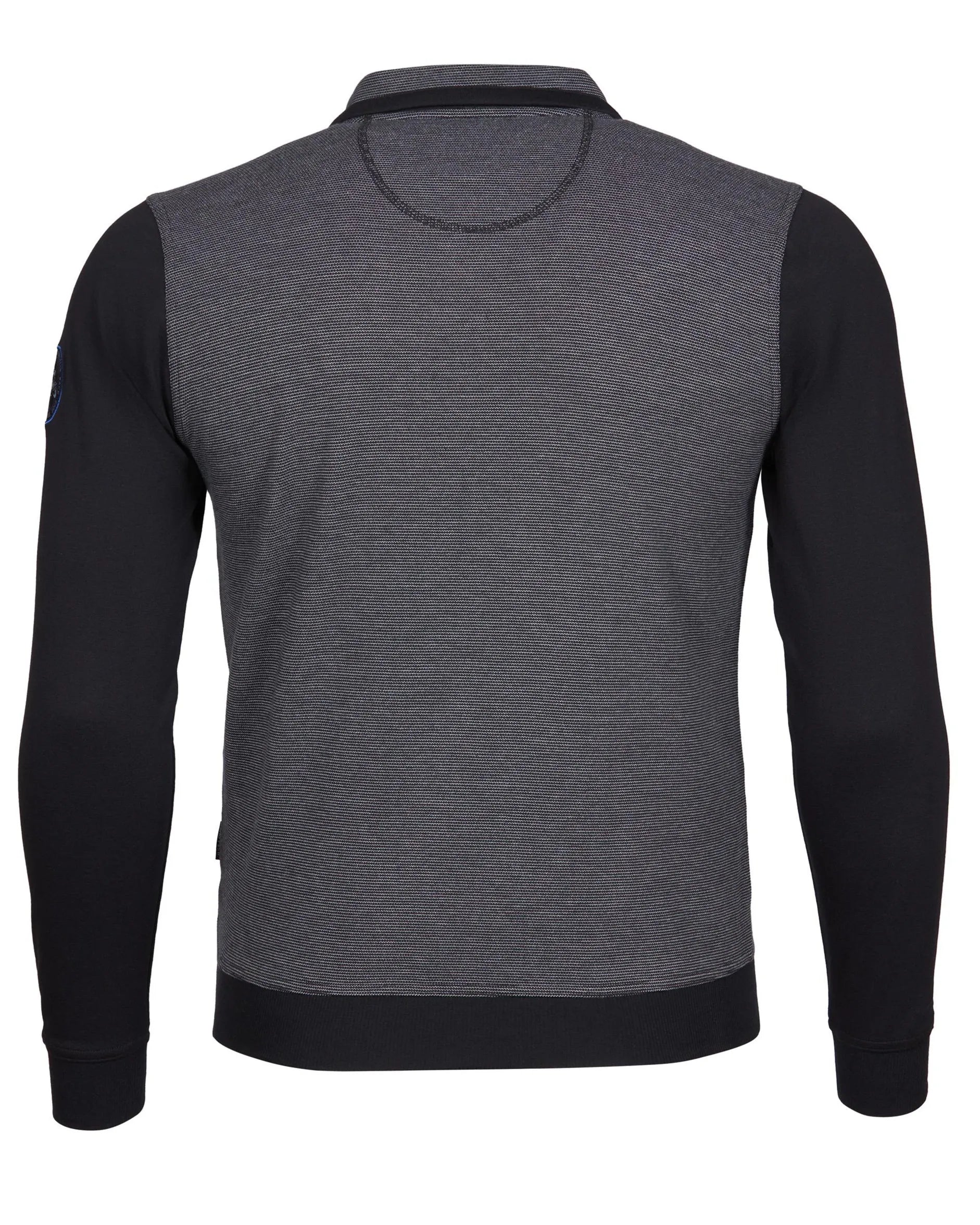 Anthrazitgraues und schwarzes Langarm-Poloshirt mit geripptem Kragen und Manschetten, aus weicher Baumwollmischung.
