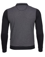 Anthrazitgraues und schwarzes Langarm-Poloshirt mit geripptem Kragen und Manschetten, aus weicher Baumwollmischung.