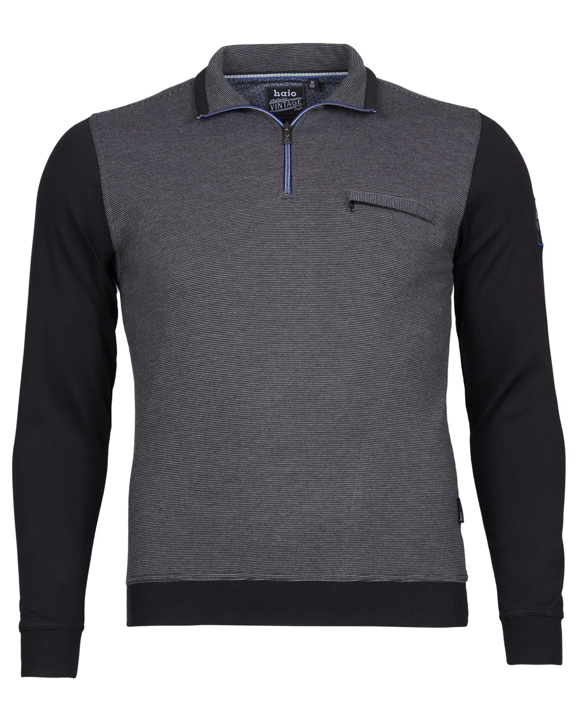 Anthrazitgraues und schwarzes Poloshirt mit halbem Reißverschluss und Kontrastnähten.