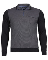 Anthrazitgraues und schwarzes Poloshirt mit halbem Reißverschluss und Kontrastnähten.