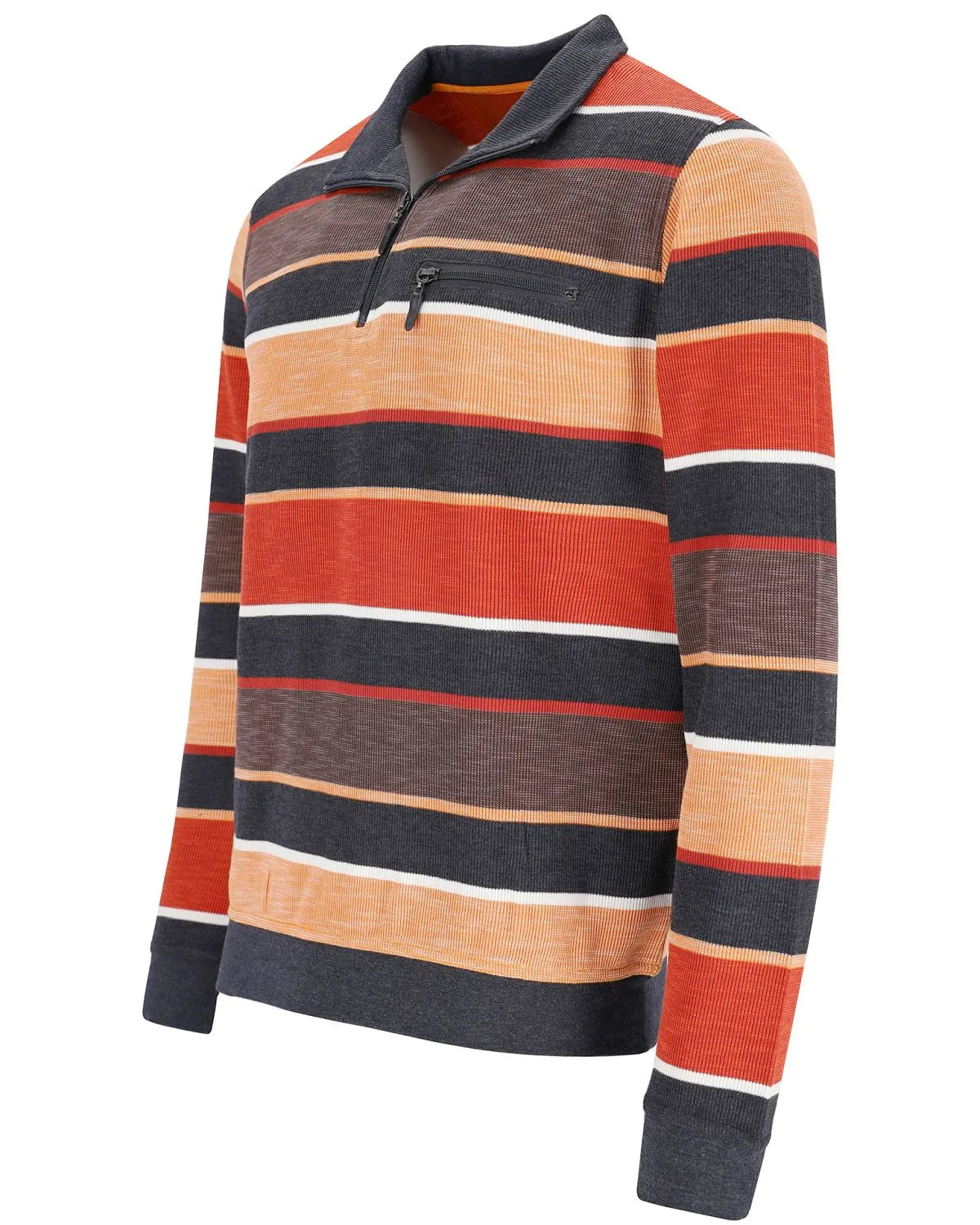 Gestreifter Pullover mit orangefarbenen, schwarzen und weißen Streifen auf dunklem Grund.