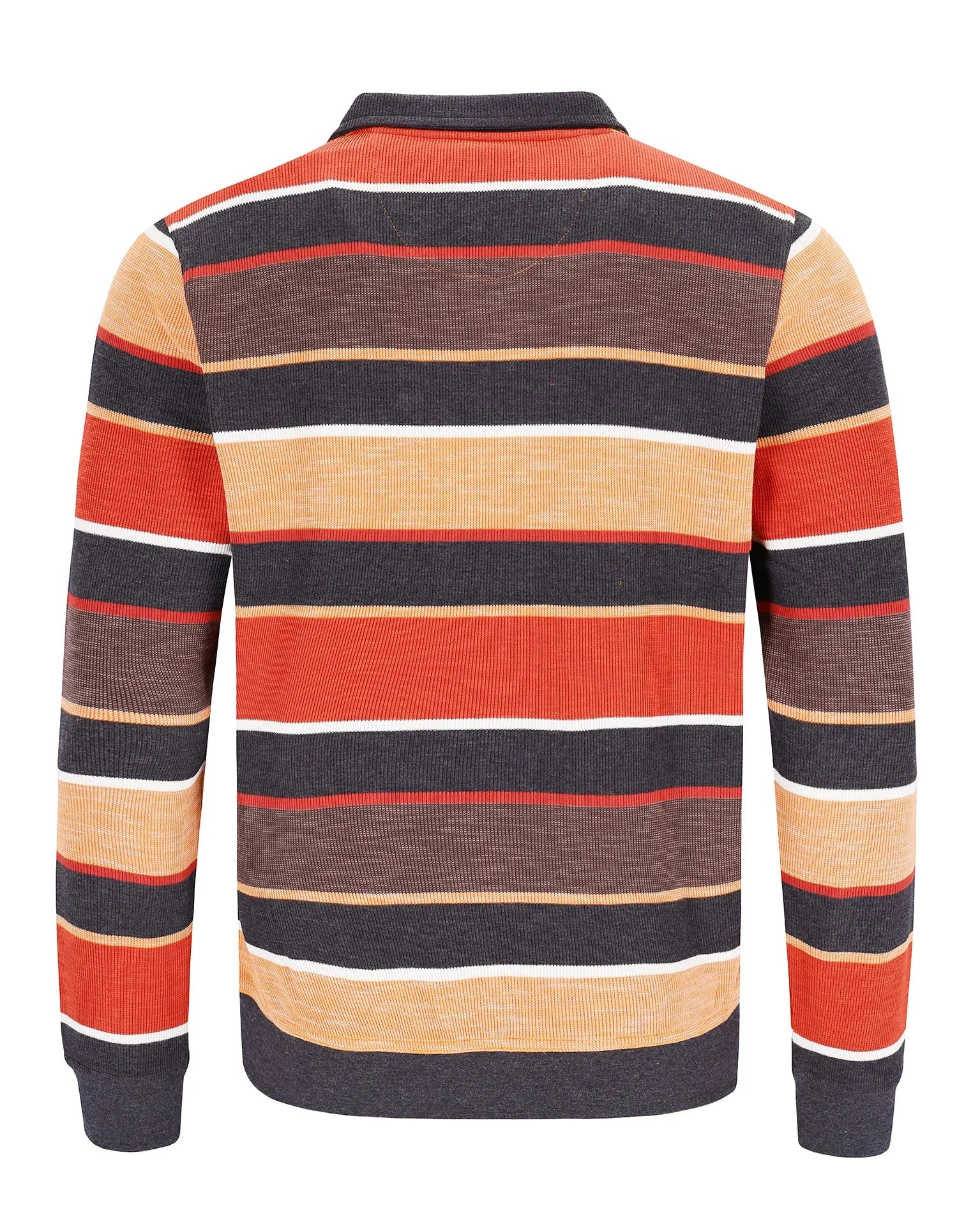 Gestreiftes Poloshirt mit orangefarbenen, schwarzen und beigen Streifen auf marineblauem Hintergrund.