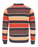 Gestreiftes Poloshirt mit orangefarbenen, schwarzen und beigen Streifen auf marineblauem Hintergrund.