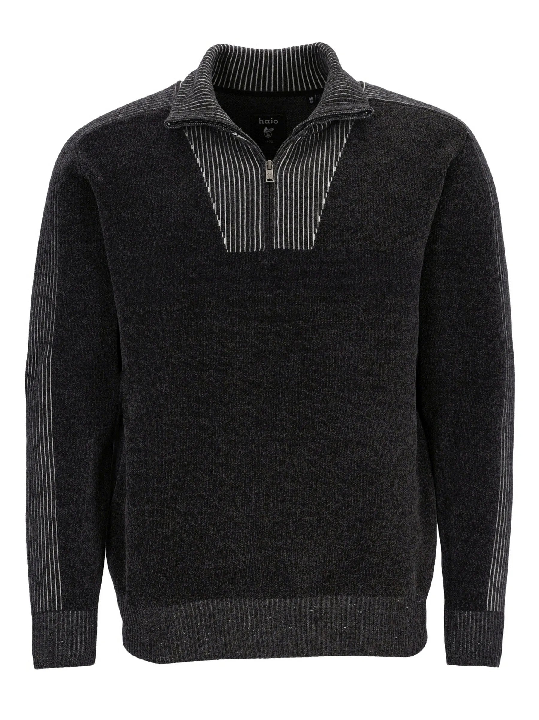 Schwarz-grauer gestreifter Viertelreißverschluss-Pullover mit gerippten Details.