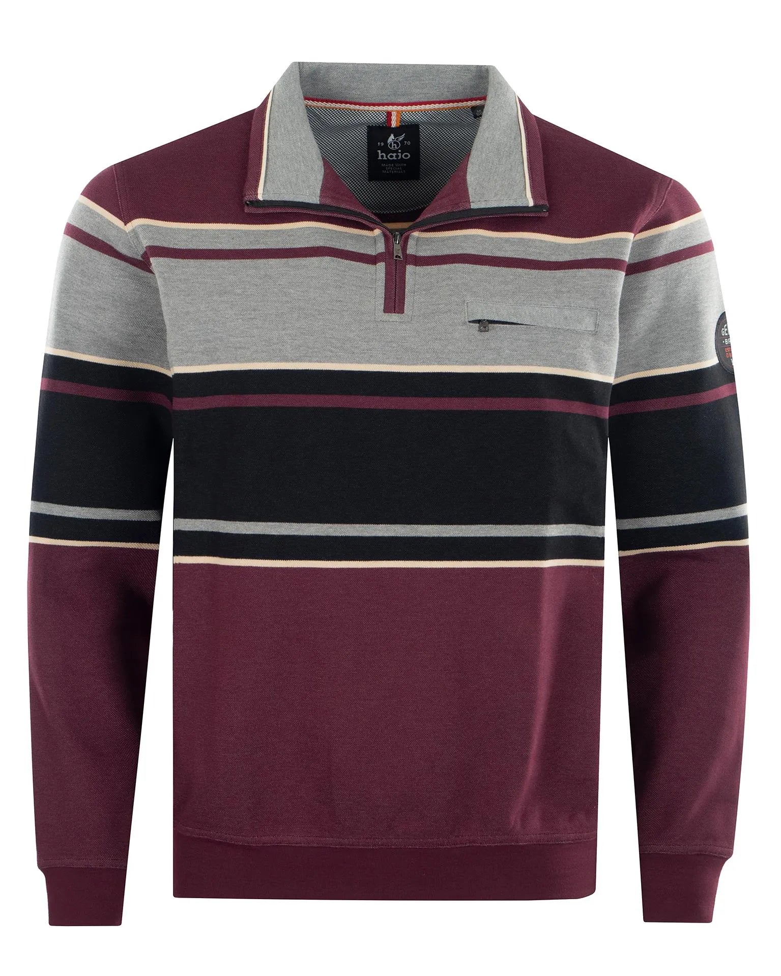 Burgunderfarben und grau gestreiftes Poloshirt mit halbem Reißverschlusskragen, aus Baumwolle.
