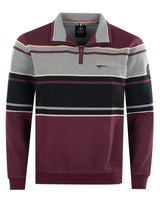 Burgunderfarben und grau gestreiftes Poloshirt mit halbem Reißverschlusskragen, aus Baumwolle.