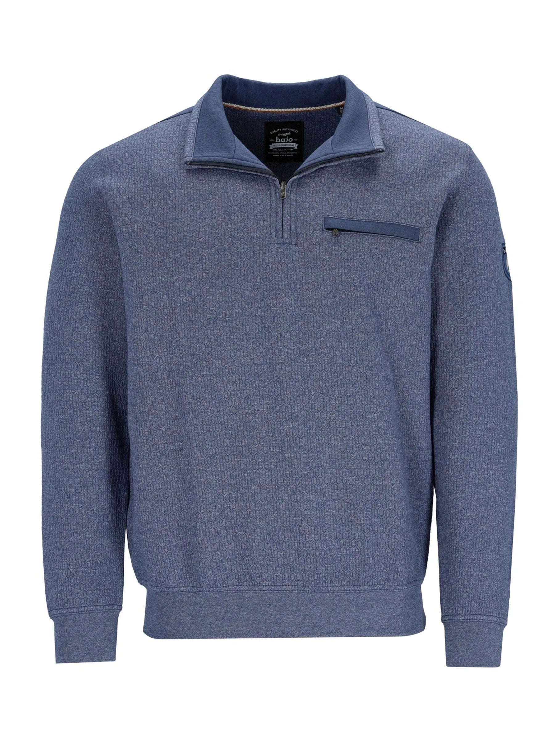 Blauer strukturiertes Pullover mit Halb-Reißverschluss-Kragen und Taschen-Detail.
