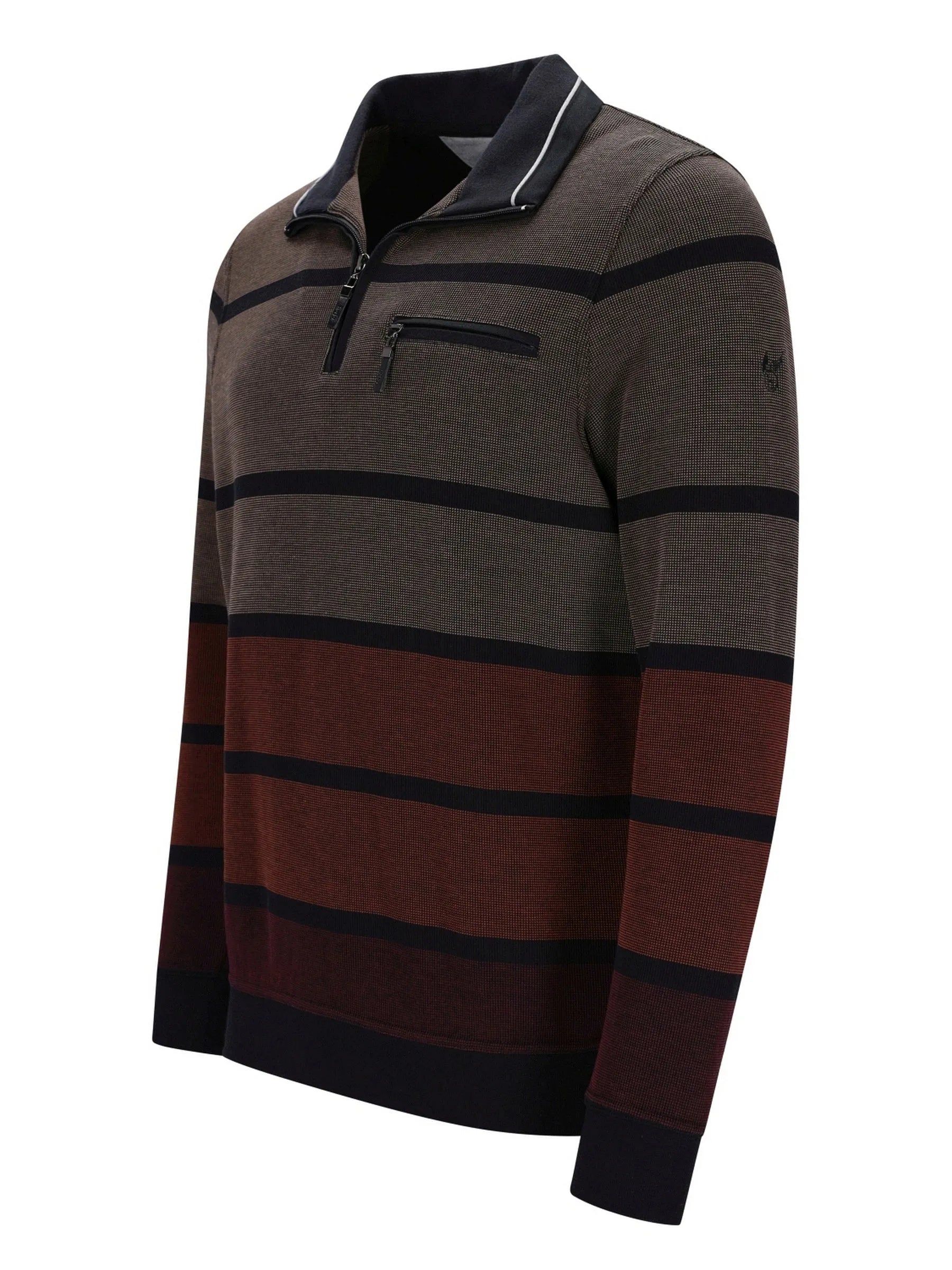 Braunes und schwarzes gestreiftes Poloshirt mit Taschen-Detail.
