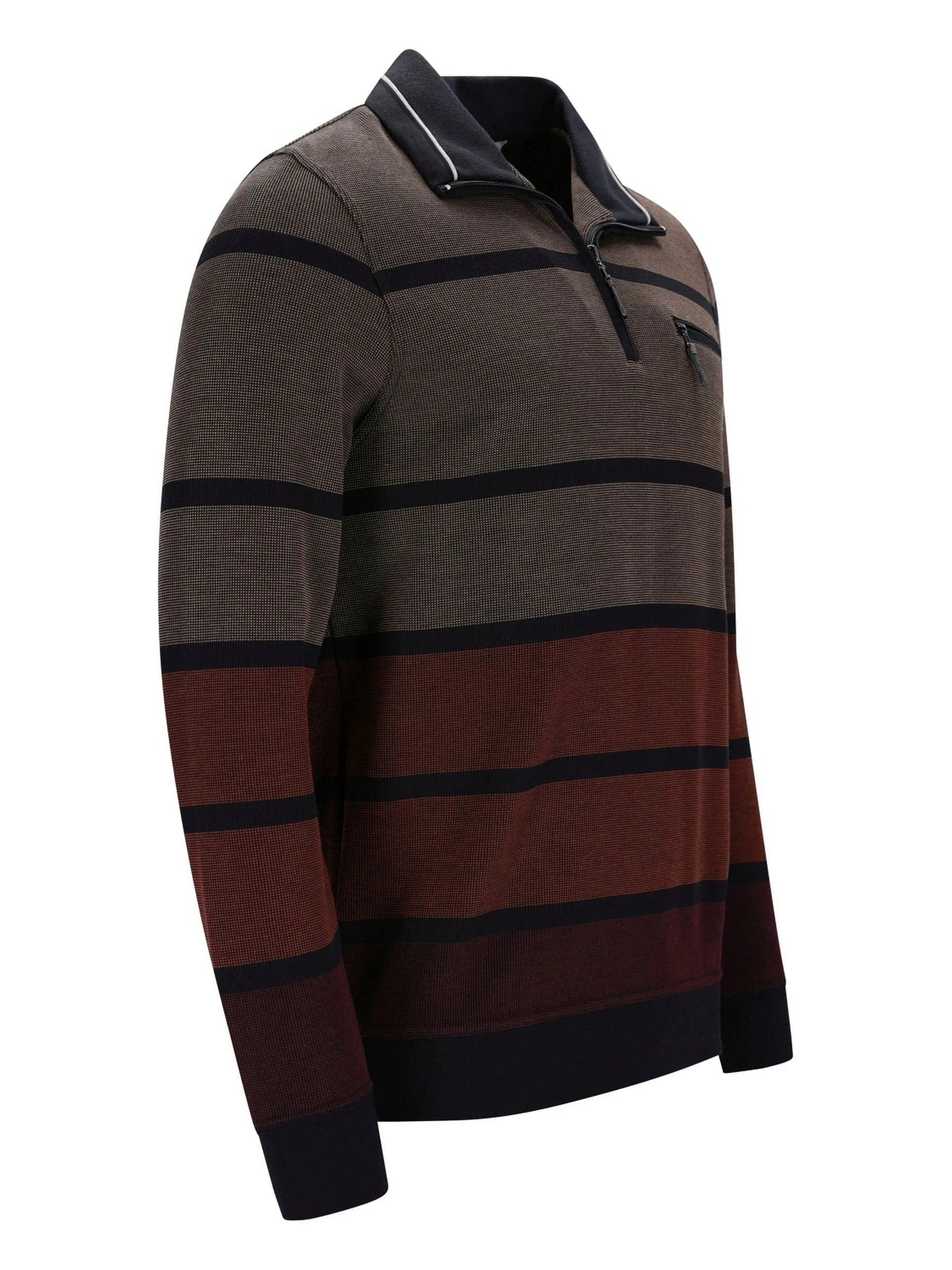 Braunes und maroonfarbenes gestreiftes Poloshirt mit schwarzem Besatz, aus Baumwolle gefertigt.
