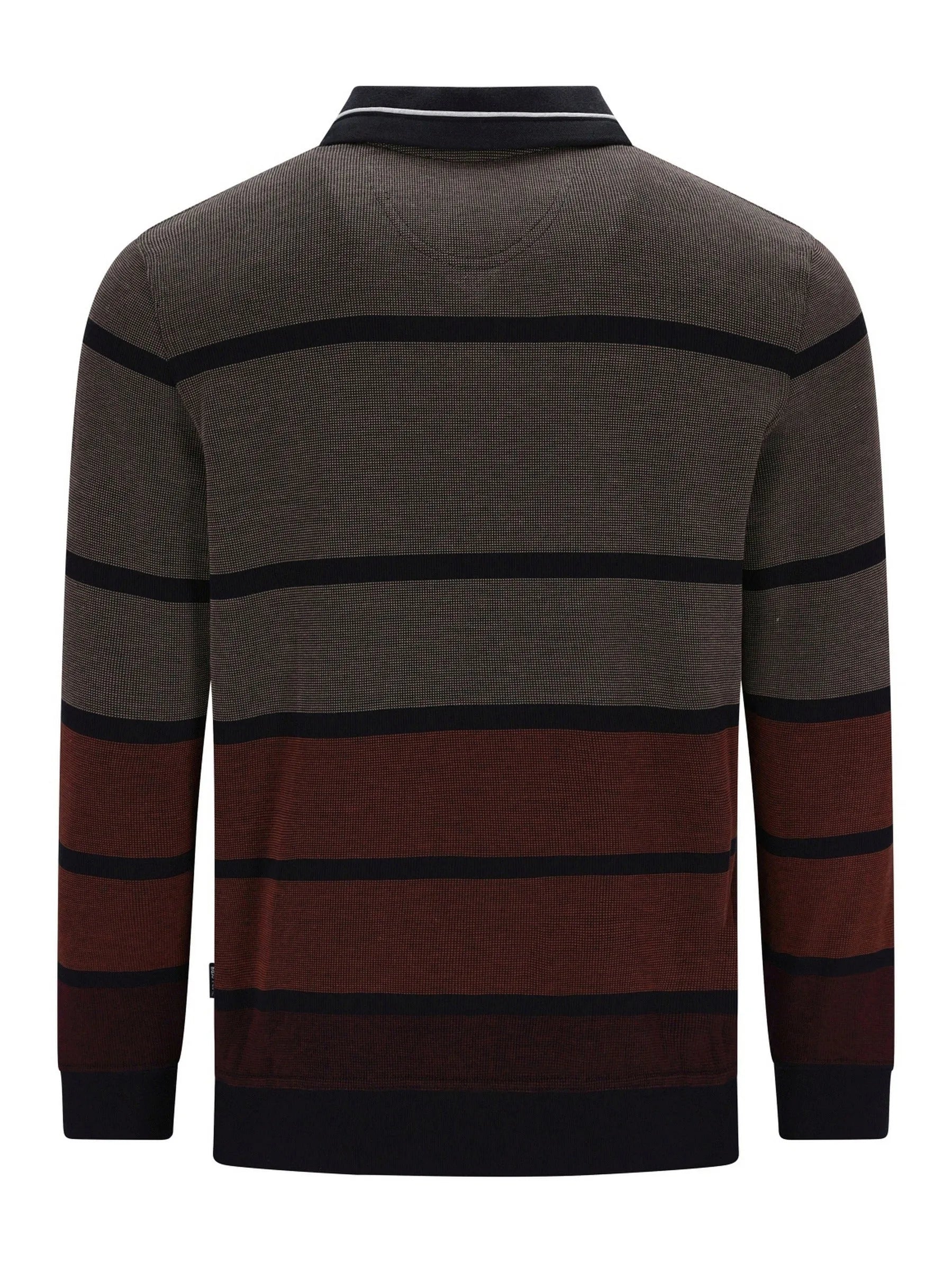 Braunes und schwarzes gestreiftes Poloshirt mit geripptem Kragen und Manschetten, wahrscheinlich aus Baumwolle oder Polyester-Mischung gefertigt.