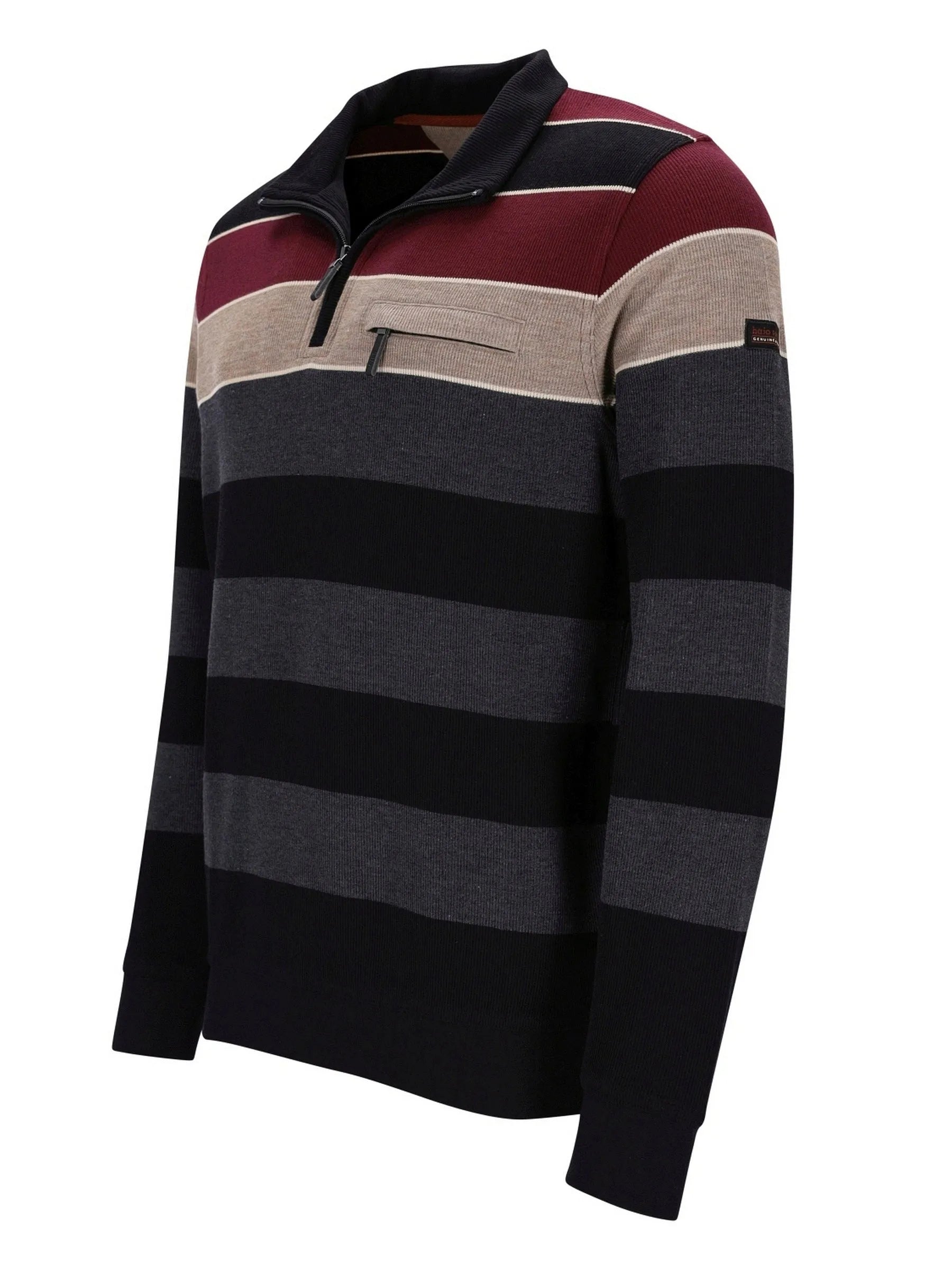 Gestreiftes Poloshirt mit marunfarbenen, grauen und beigen Streifen auf schwarzem Hintergrund.