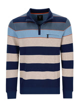 Blau-weiß gestreiftes Poloshirt mit Halb-Reißverschlusskragen und Taschen-Detail.